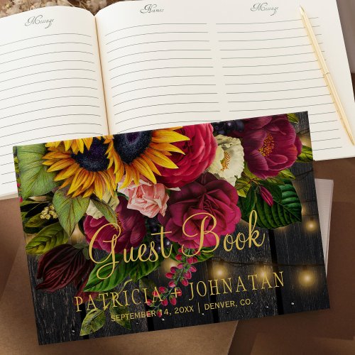 Rustic floral elegant wood burgundy lights wedding guest book