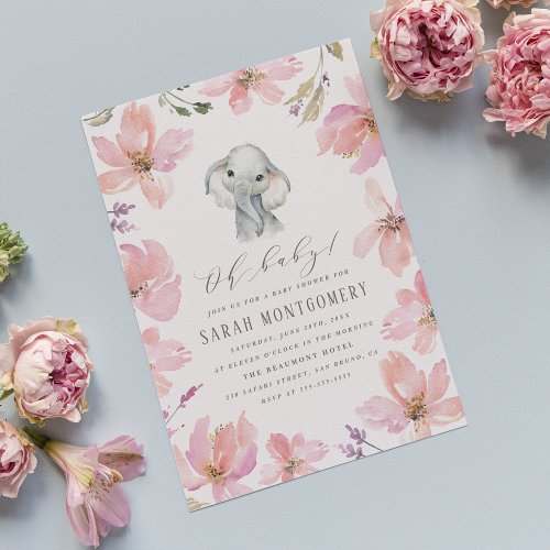 Rustic Floral Elephant Blush Pink Baby Girl Shower Invitation Postcard