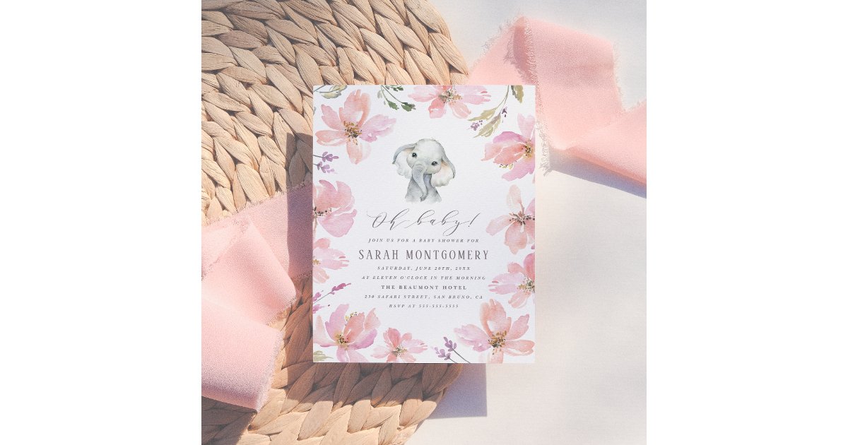 Rustic Floral Elephant Blush Pink Baby Girl Shower Invitation Postcard ...