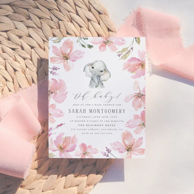 Rustic Floral Elephant Blush Pink Baby Girl Shower Invitation Postcard ...