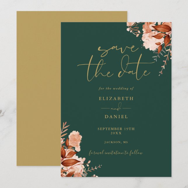 Rustic Floral Emerald Green And Gold Wedding Save The Date (Front/Back)