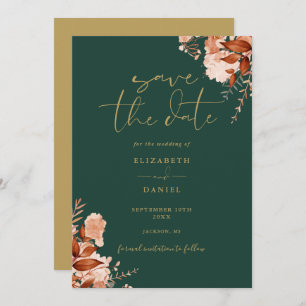 Rustic Floral Emerald Green And Gold Wedding Save The Date