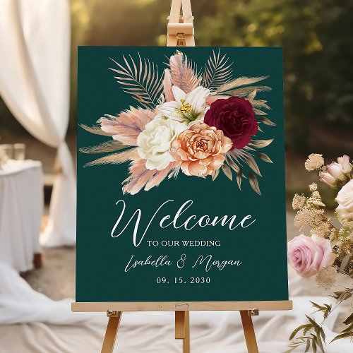 Rustic Floral Emerald Green Wedding Welcome Poster