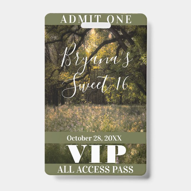 Rustic Floral Enchanted Forest Sweet 16 VIP Badge (Front)