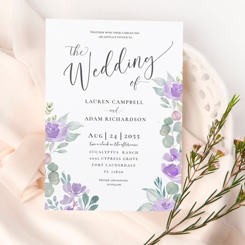 Rustic Floral Eucalyptus Purple Wedding Invitation