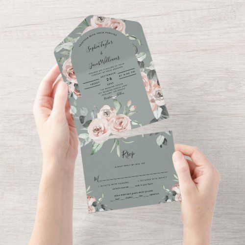 Rustic Floral Eucalyptus Sage Greenery Wedding All In One Invitation