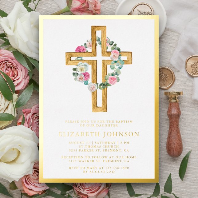 Rustic Floral Eucalyptus Wood Cross Baptism Gold Foil Invitation (Creator Uploaded)