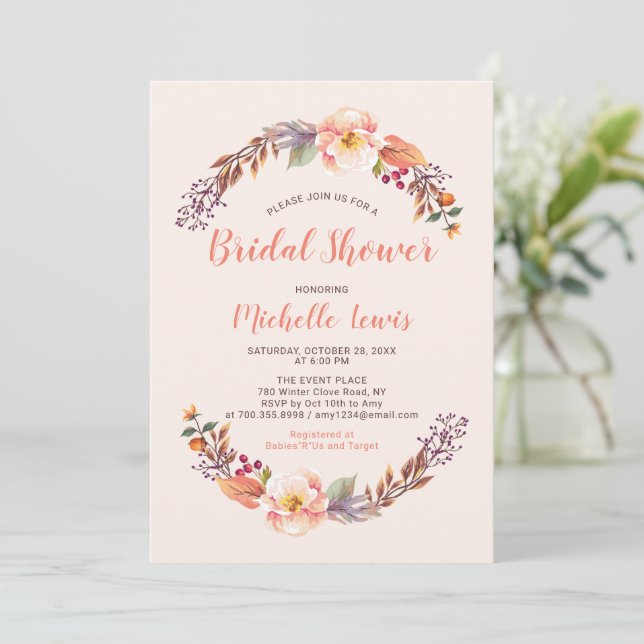 Rustic Floral Fall/Autumn Bridal Shower Invitation (Standing Front)