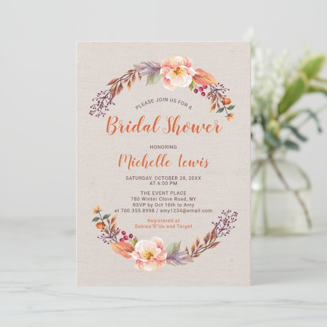 Rustic Floral Fall/Autumn Bridal Shower Invitation (Standing Front)