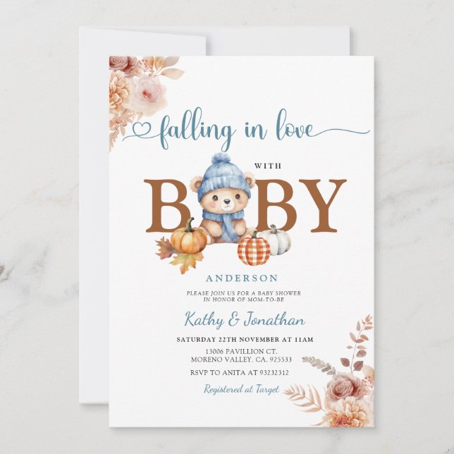 Rustic Floral Fall in Love Blue Bear Baby Shower Invitation (Front)