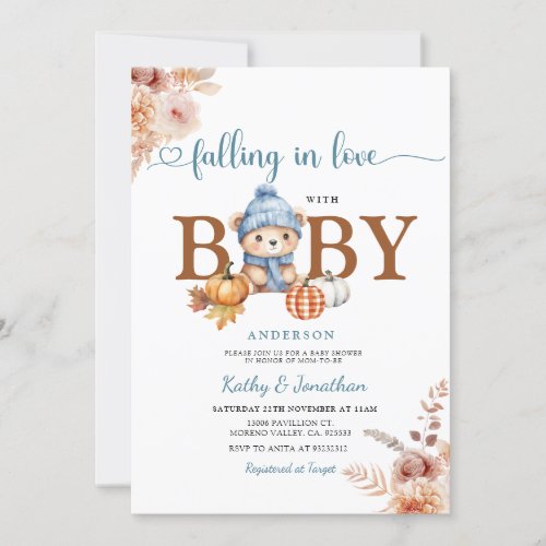 Rustic Floral Fall in Love Blue Bear Baby Shower Invitation