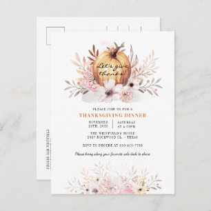 Rustic Floral Fall Leaves Pumpkin Thanksgiving Invitation Postcard