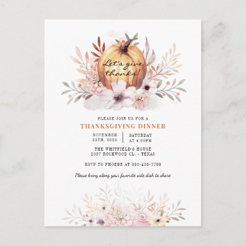 Rustic Floral Fall Leaves Pumpkin Thanksgiving Invitation Postcard