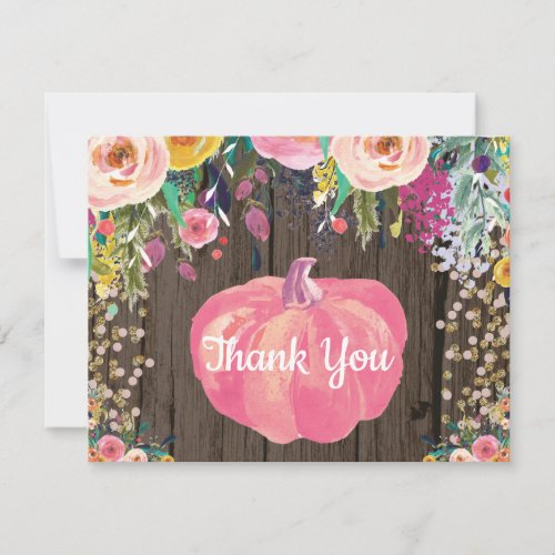 Rustic Floral Fall Pumpkin Pink Gold Glitter Thank You Card