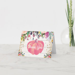 Rustic Floral Fall Pumpkin Pink Gold Glitter Thank You Card