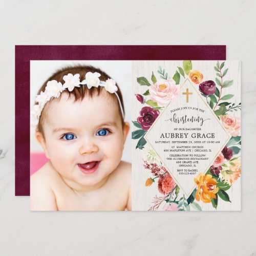 Rustic floral fall watercolor Christening photo Invitation
