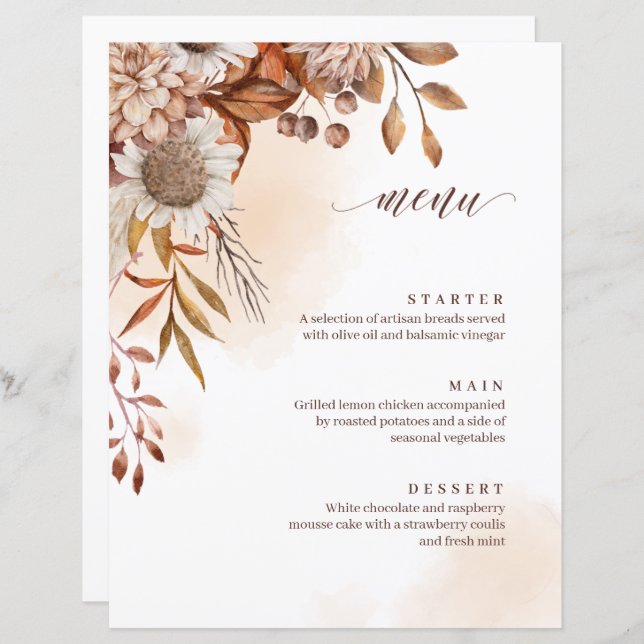 Rustic Floral Fall Wedding Menu (Front/Back)