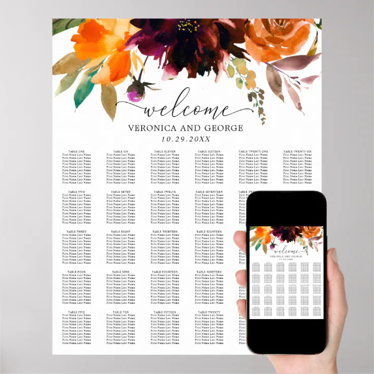 Rustic Floral Fall Wedding Seating Chart | Zazzle