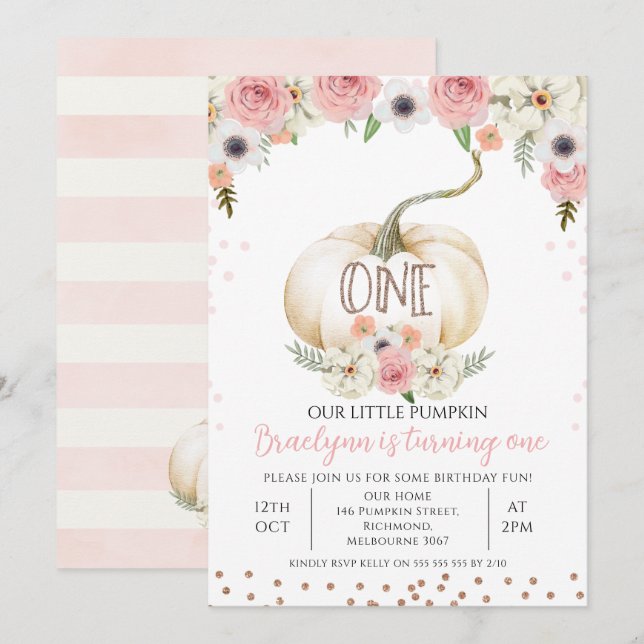 Rustic Floral Fall White Pumpkin 1st Birthday Invitation (Front/Back)
