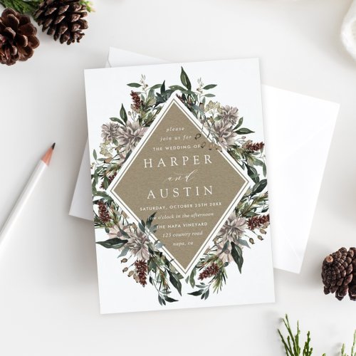 Rustic Floral Fall Winter Wedding Invitation