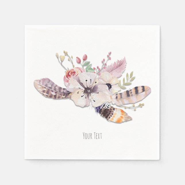 Rustic Floral & Feathers Boho Chic Custom Party Napkins (Front)