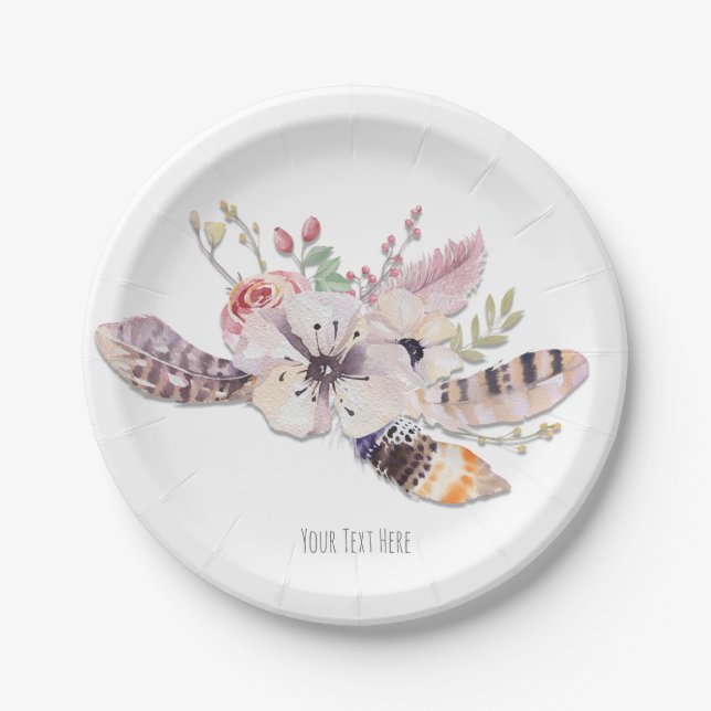 Rustic Floral & Feathers Boho Chic Party Paper Plates (Front)