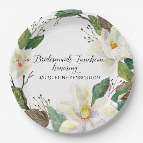 Rustic Floral Foliage White Magnolia Watercolor Paper Plates