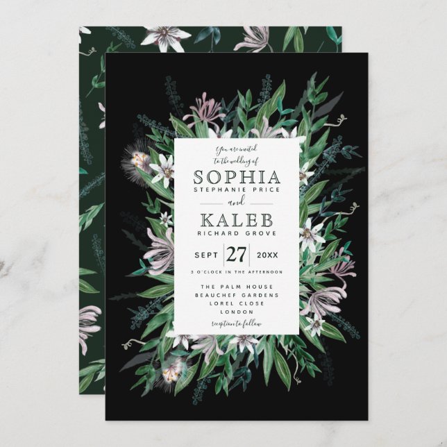 Rustic Floral Frame in Midnight black Invitation (Front/Back)
