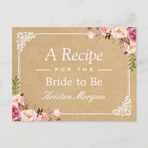 Rustic Floral Frame Kraft Bridal Shower Recipe Postcard