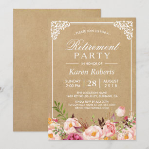 Rustic Floral Frame Kraft Retirement Party Invitation