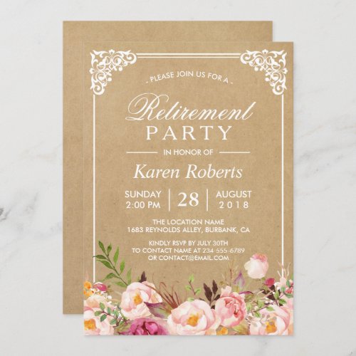 Rustic Floral Frame Kraft  Retirement Party Invitation