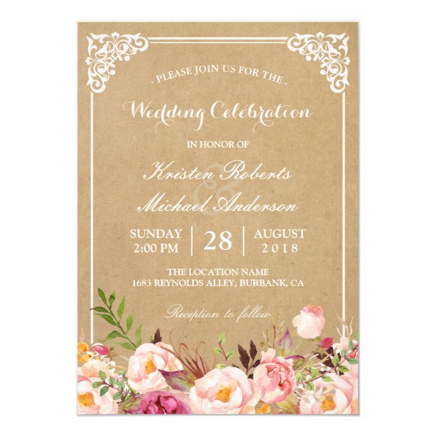 Rustic Floral Frame Kraft | Wedding Celebration Invitation