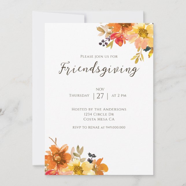 Rustic Floral Friendsgiving Dinner  Invitation (Front)