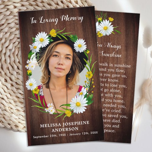 Rustic Floral Funeral Memorial Prayer Card Photo 