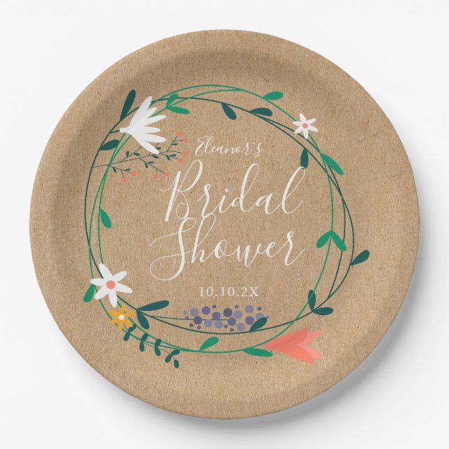 Rustic Floral Garland Bridal Shower Paper Plates (Front)
