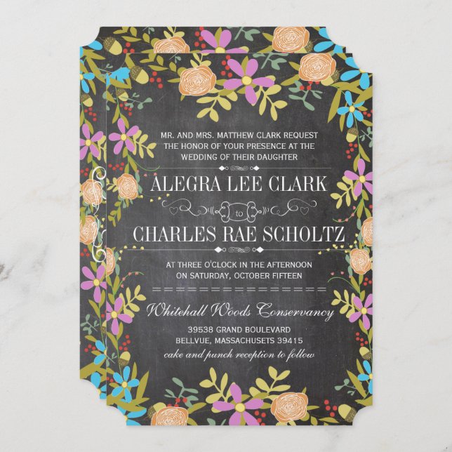 Rustic Floral Garland Chalkboard Wedding Invitation (Front/Back)