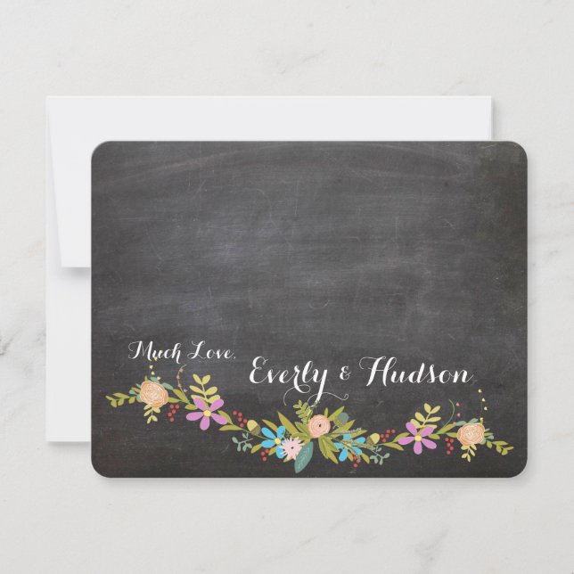 Rustic Floral Garland Chalkboard Wedding Thank You Card (Front)