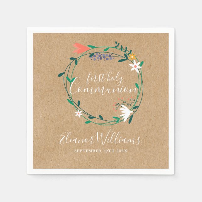 Rustic Floral Garland First Holy Communion Napkins (Front)