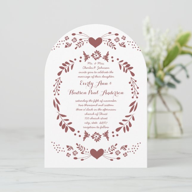 Rustic Floral Garland Folk Art Marsala Wedding Invitation (Standing Front)