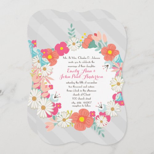 Rustic Floral Garland Folk Art Pattern Wedding Invitation