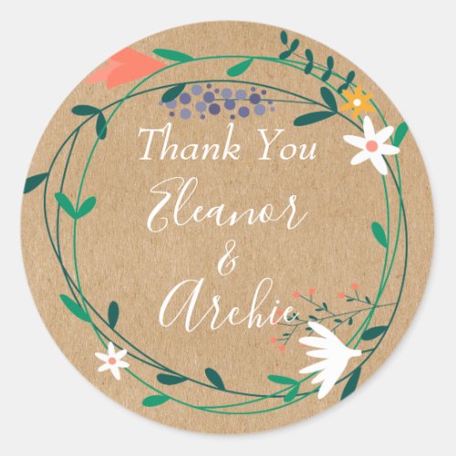Rustic Floral Garland Wedding Thank You Favor Classic Round Sticker