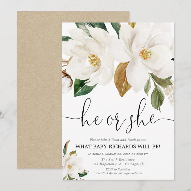 Rustic floral gender reveal, white magnolia invitation (Front/Back)