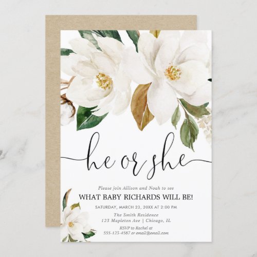 Rustic floral gender reveal white magnolia invitation