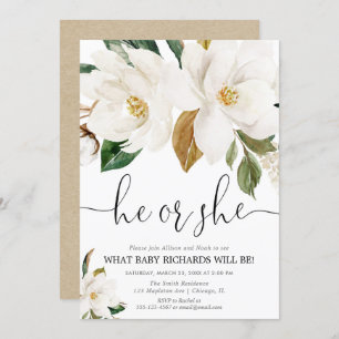 Rustic floral gender reveal, white magnolia invitation