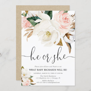 Rustic floral gender reveal, white pink magnolia invitation