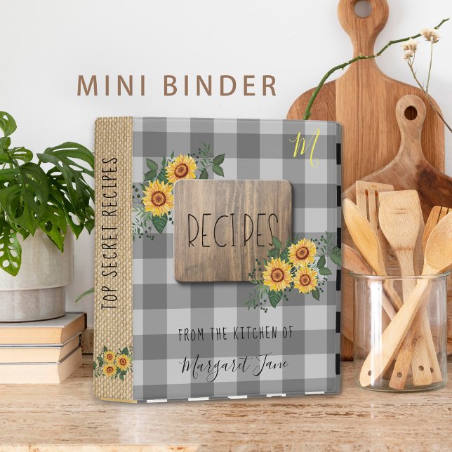 Rustic floral gingham family monogram cookbook mini binder (Creator Uploaded)