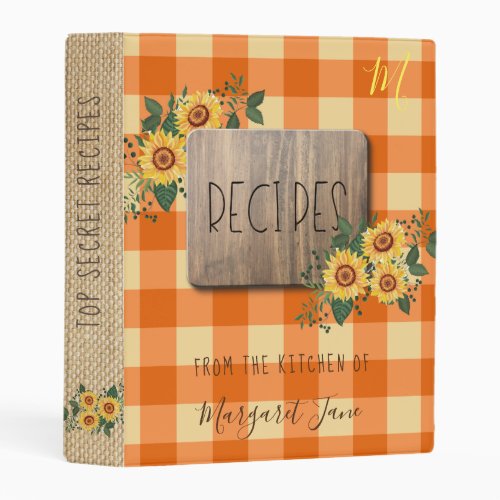 Rustic floral gingham family monogram cookbook mini binder