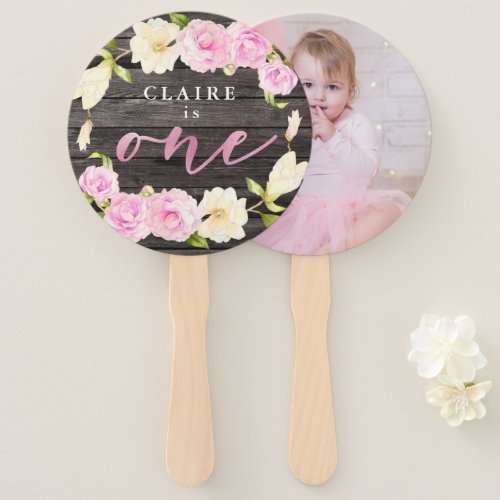 Rustic Floral Girl 1st Birthday Party Custom Photo Hand Fan