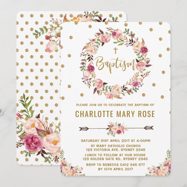 Rustic Floral Girl Baptism Christening Invitation (Front/Back)