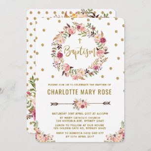 Rustic Floral Girl Baptism Christening Invitation